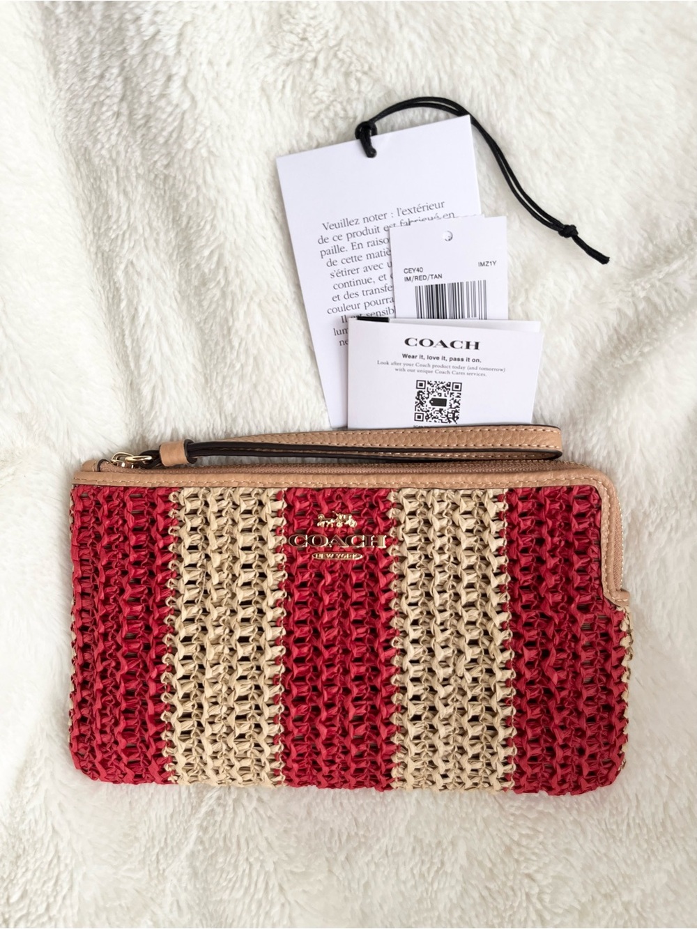 NWT Coach Red and Beige Striped Wristlet with Leather Trim
